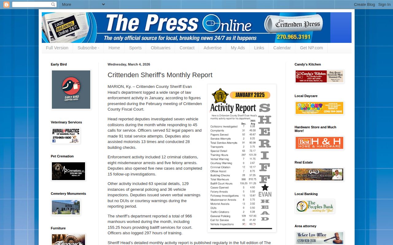 Crittenden County crime news sheriff monthly report