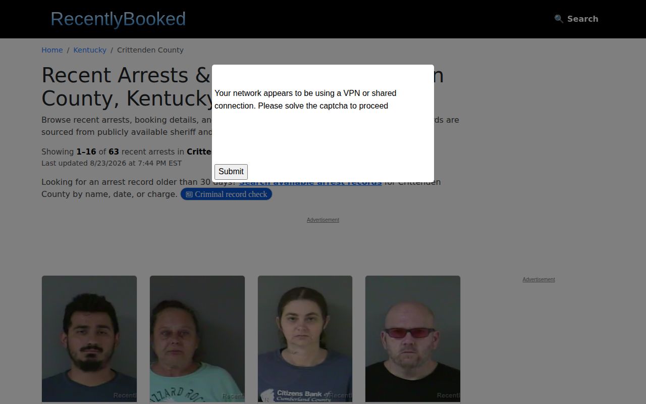 Unofficial RecentlyBooked Crittenden County mugshot news page with date caveat