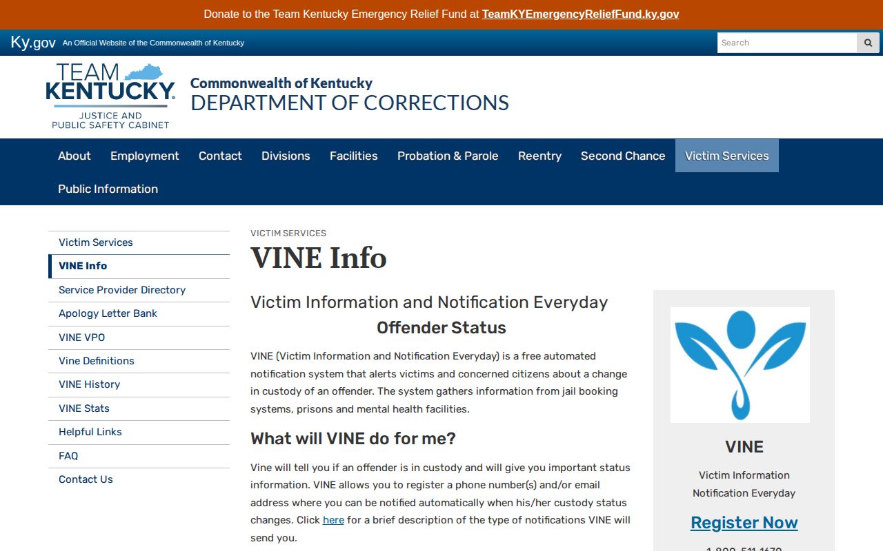 Kentucky VINE custody alerts for Crittenden County records